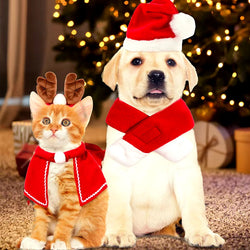 Cat & Dog Christmas Costume Set - Reindeer Antlers Santa Hat Red Scarf