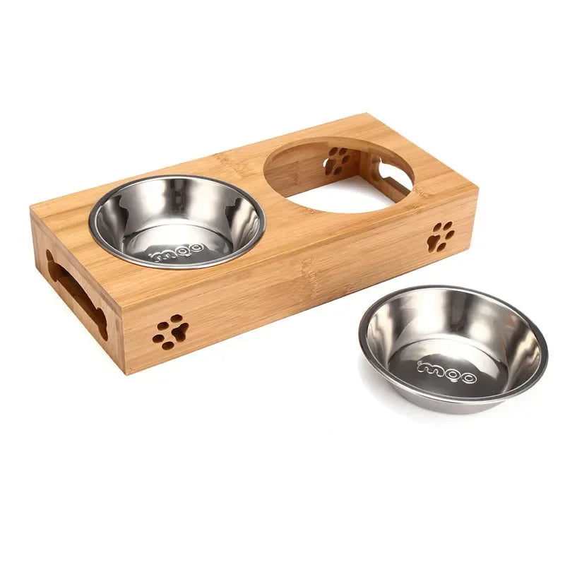 Pet Dog Cat Bowl Ceramic Bowl Bamboo Wooden Table into a Kitten Skid Resistant Double Bowl Small Dog Food Bowl