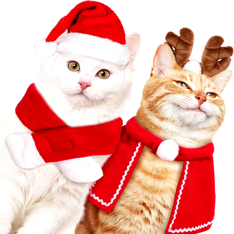 Cat & Dog Christmas Costume Set - Reindeer Antlers Santa Hat Red Scarf