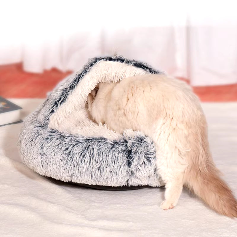 Round Plush Hooded Cat & Dog Bed - Faux Fur Donut Cuddler, Self-Warming