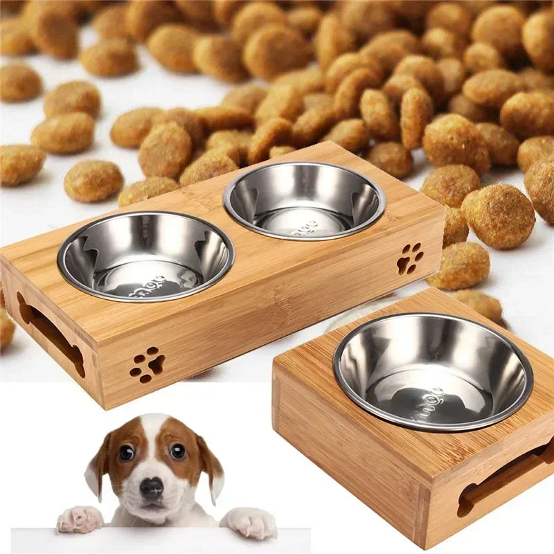 Pet Dog Cat Bowl Ceramic Bowl Bamboo Wooden Table into a Kitten Skid Resistant Double Bowl Small Dog Food Bowl