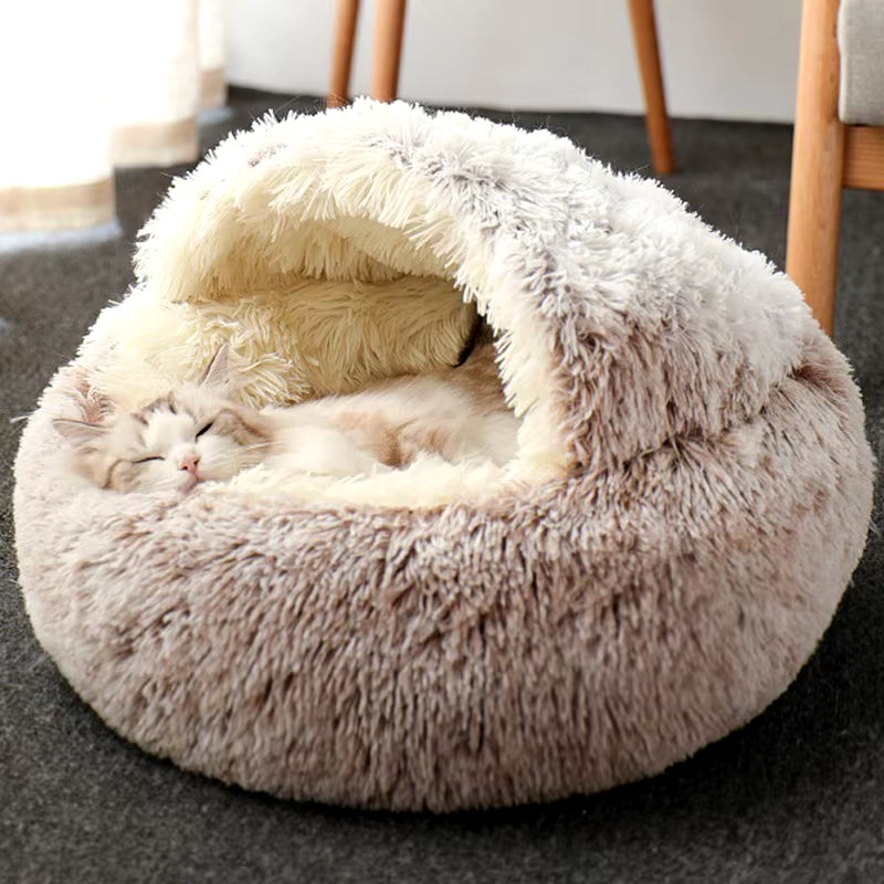 Round Plush Hooded Cat & Dog Bed - Faux Fur Donut Cuddler, Self-Warming