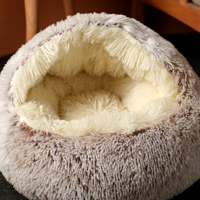 Round Plush Hooded Cat & Dog Bed - Faux Fur Donut Cuddler, Self-Warming