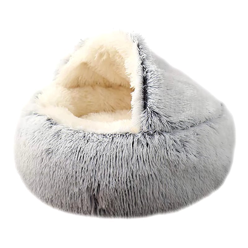 Round Plush Hooded Cat & Dog Bed - Faux Fur Donut Cuddler, Self-Warming