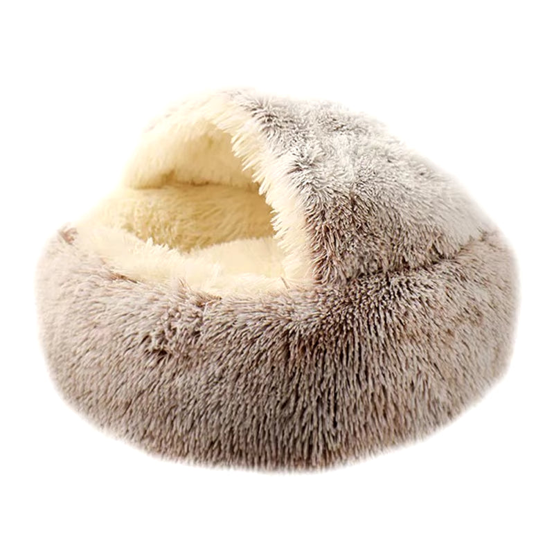 Round Plush Hooded Cat & Dog Bed - Faux Fur Donut Cuddler, Self-Warming