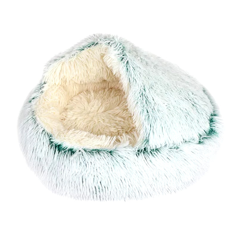 Round Plush Hooded Cat & Dog Bed - Faux Fur Donut Cuddler, Self-Warming