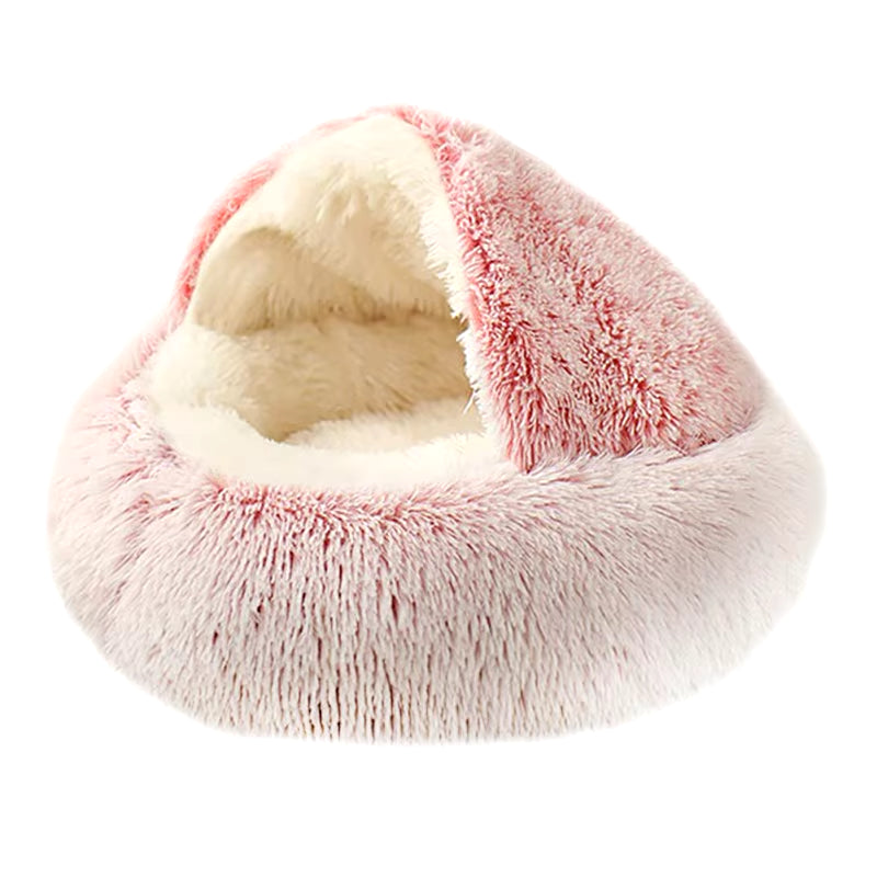 Round Plush Hooded Cat & Dog Bed - Faux Fur Donut Cuddler, Self-Warming