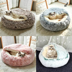 Round Plush Hooded Cat & Dog Bed - Faux Fur Donut Cuddler, Self-Warming