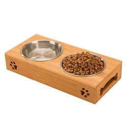 Pet Dog Cat Bowl Ceramic Bowl Bamboo Wooden Table into a Kitten Skid Resistant Double Bowl Small Dog Food Bowl